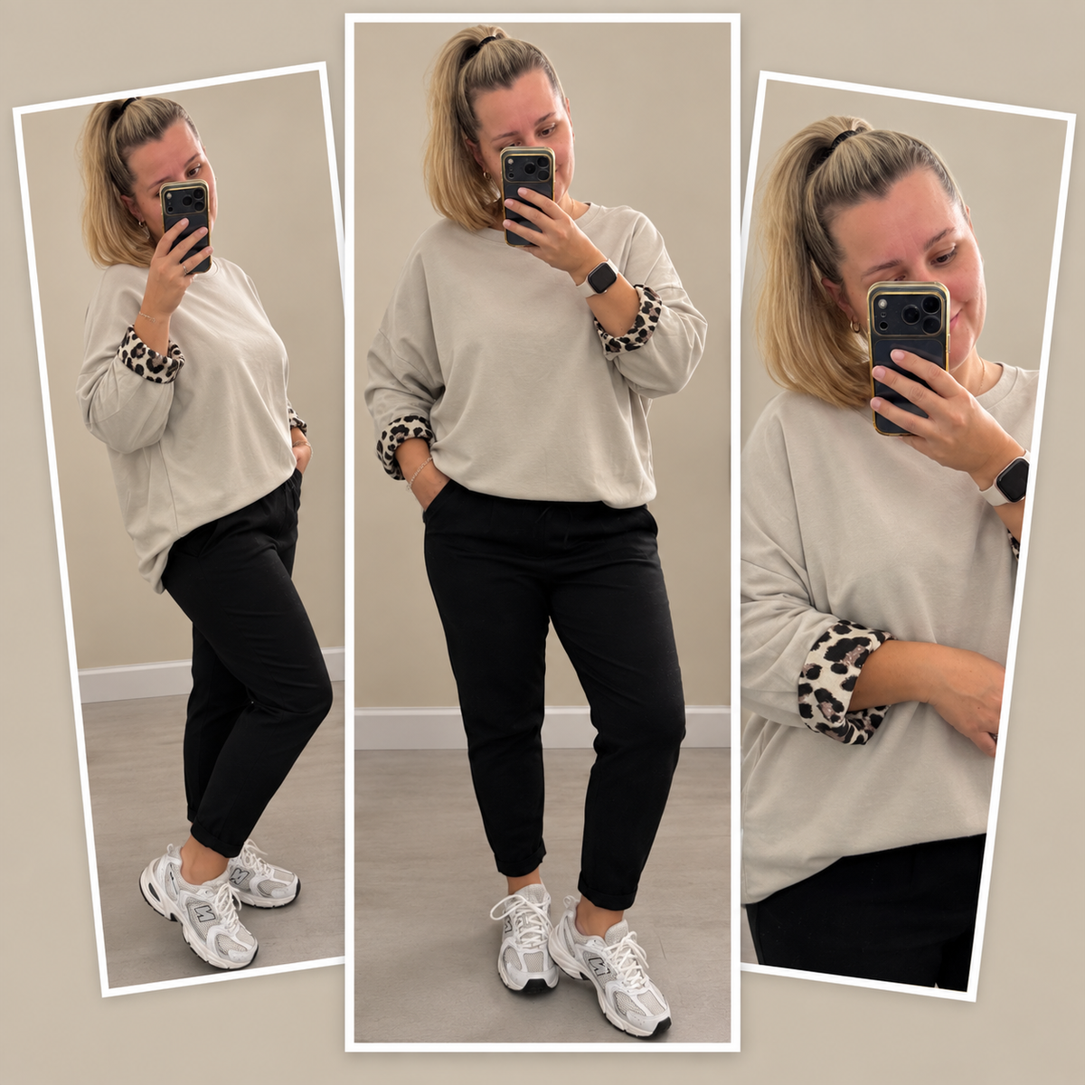 Shirt Langarm mit Leo Detail Taupe