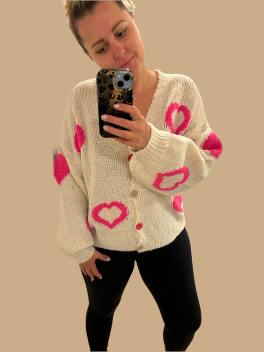 Cardigan Creme Pinke Herzen