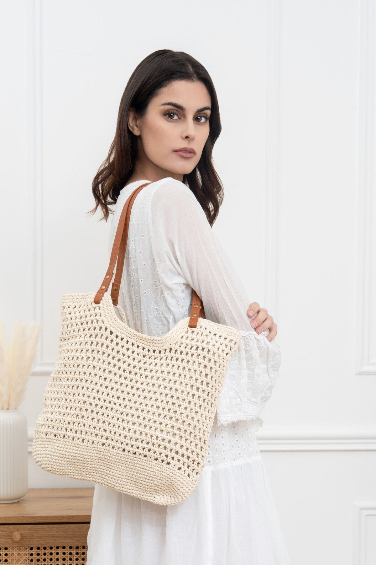 Schultertasche, zweifarbige geflochtene Strandtasche