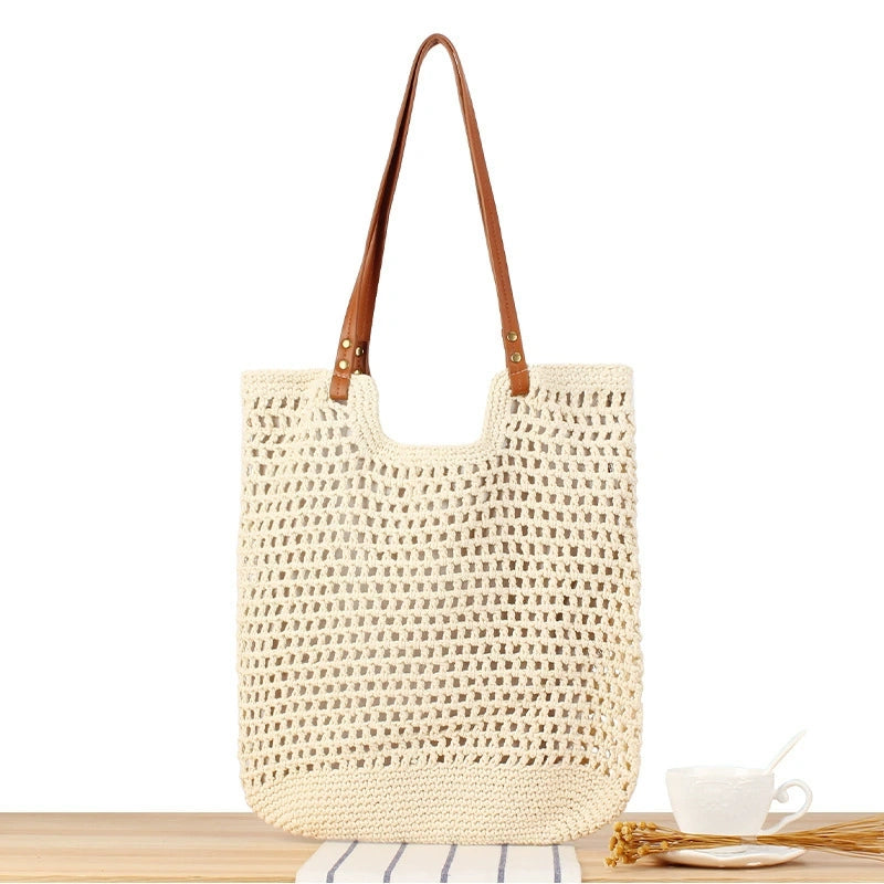 Schultertasche, zweifarbige geflochtene Strandtasche