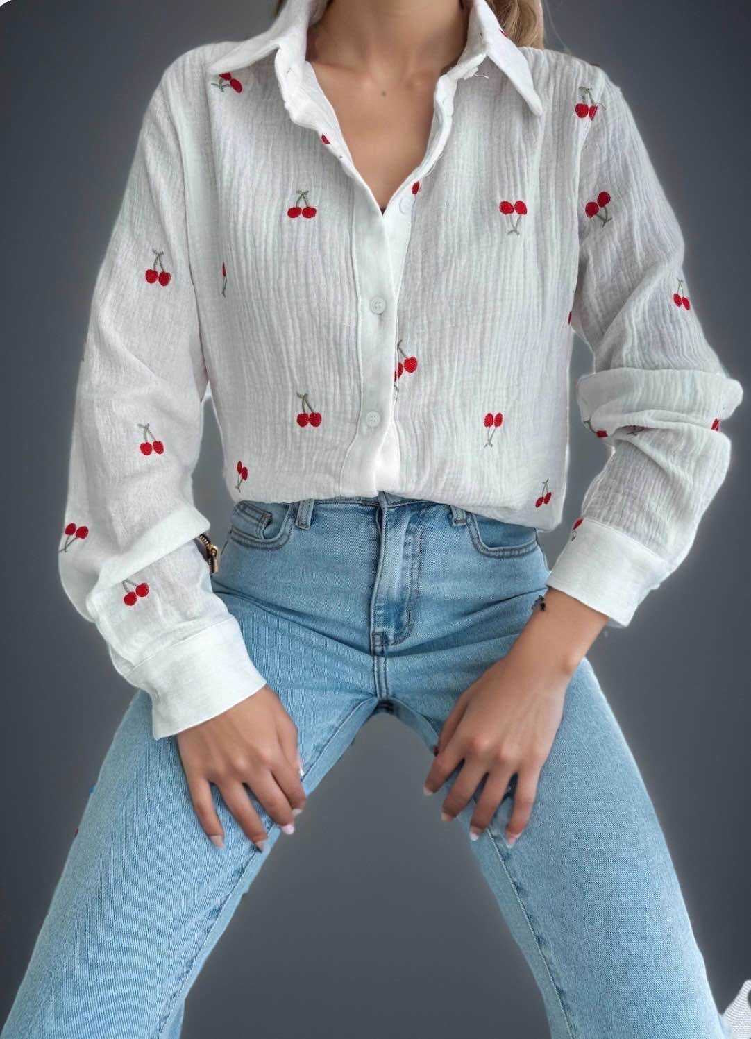 Bluse Musselin weiß Kirschen