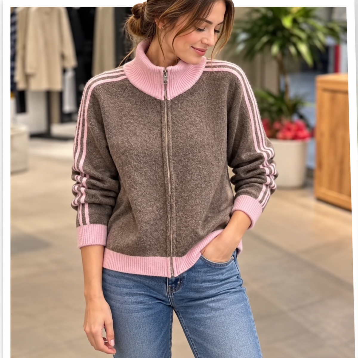 Strickjacke mit Reißverschluss – Taupe/Rosa