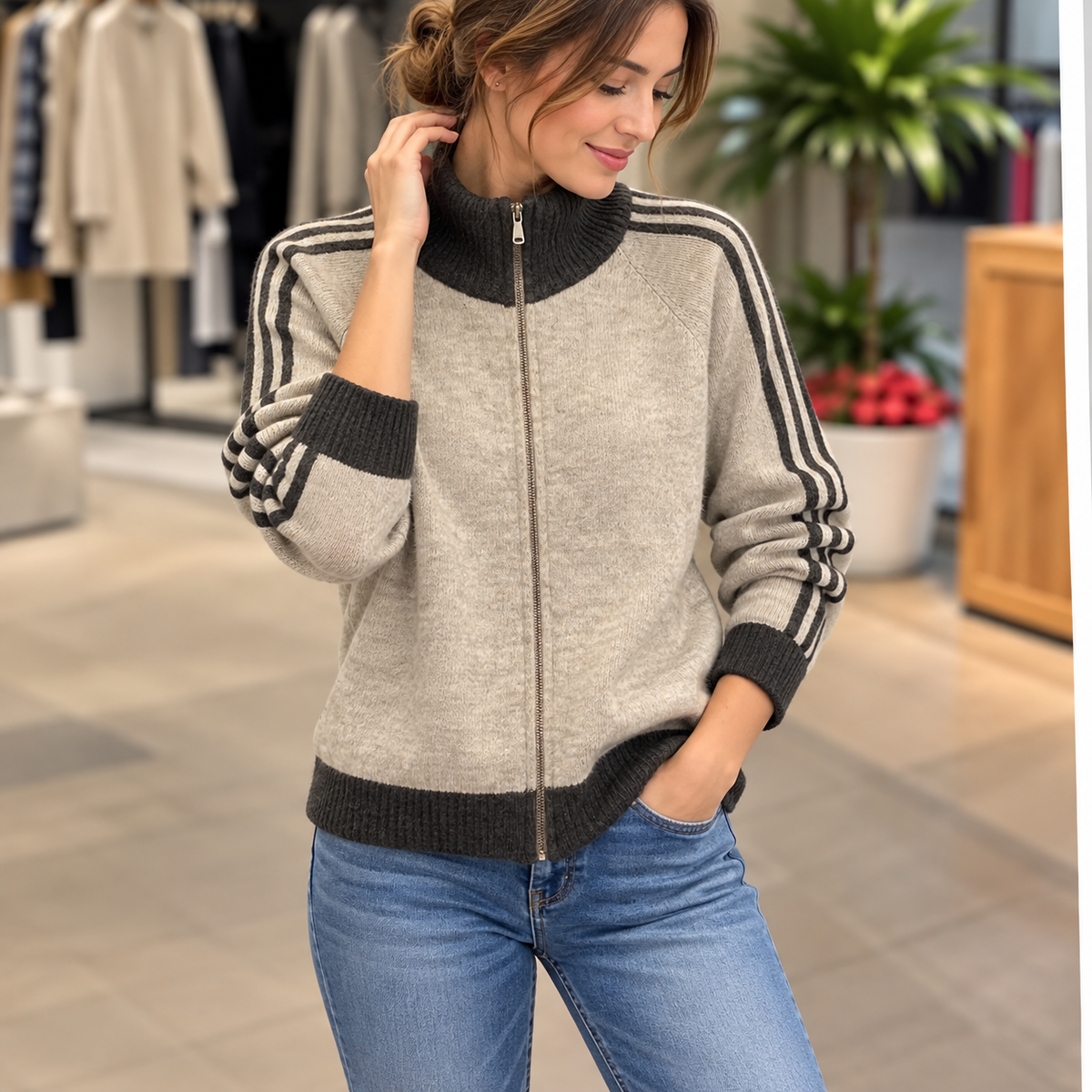 Strickjacke mit Reißverschluss – Grau/Schwarz