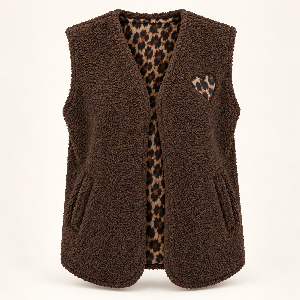 Teddyweste mit Leo-Herz – in Grau & Dunkelbraun