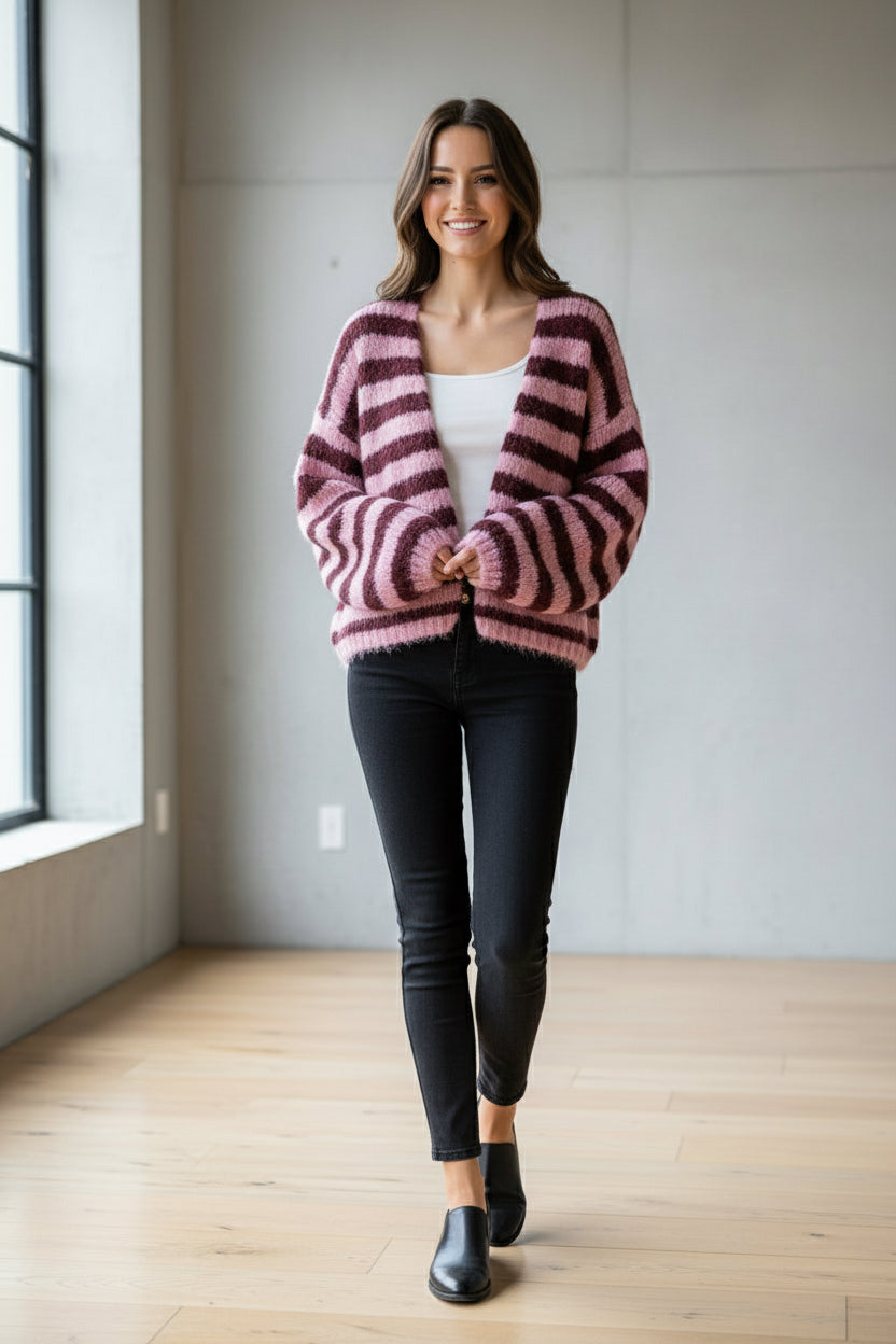 Cardigan Lang Streifen Beere