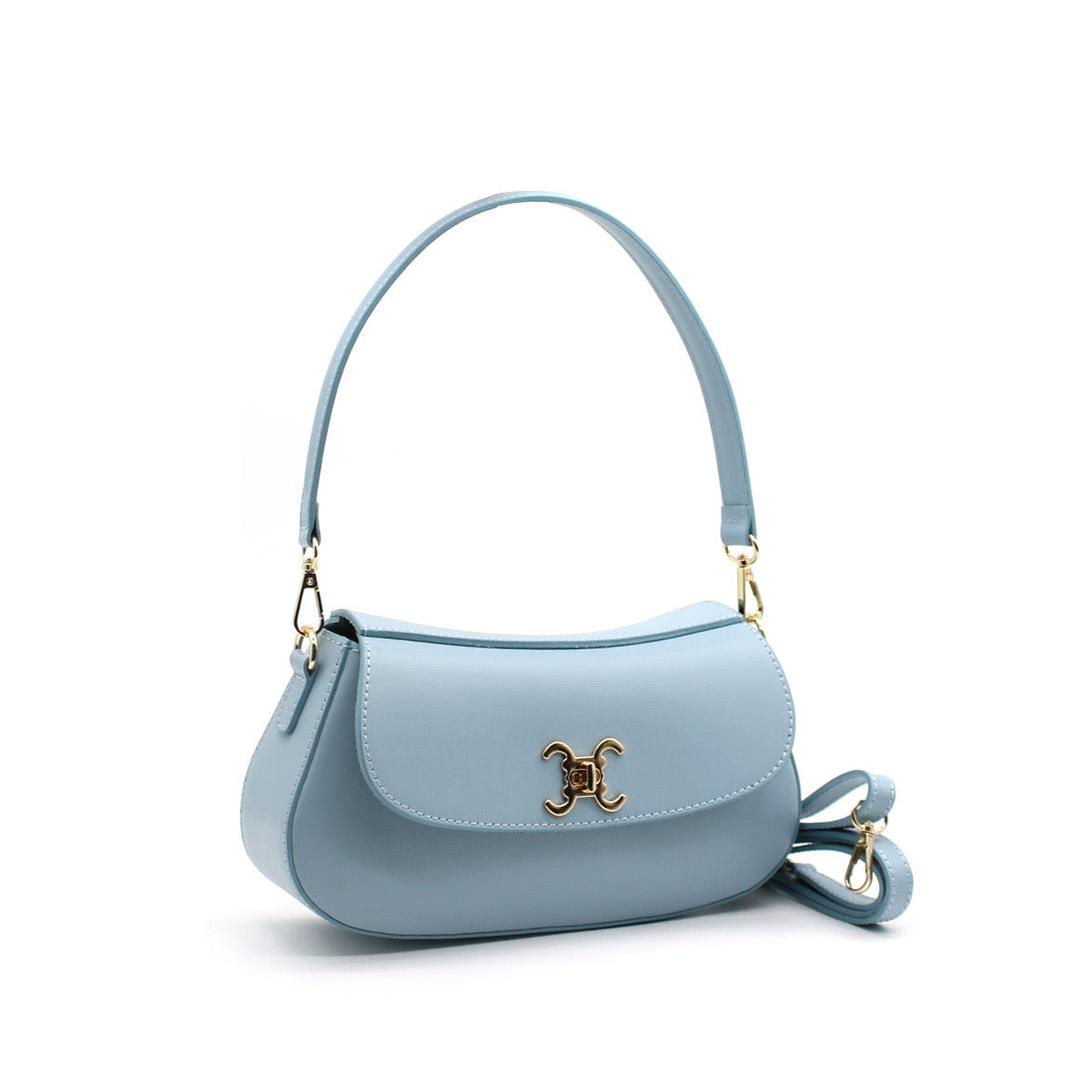 Celina Damen Schultertasche Hellblau – Edle Mini Handtasche mit abnehmbarem Riemen, Gold-Details | 27 × 15 × 6,5 cm