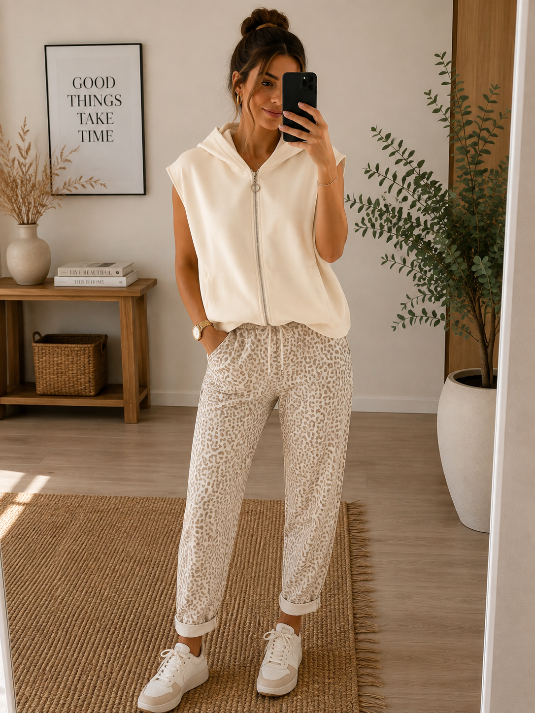 Weste Kapuze beige